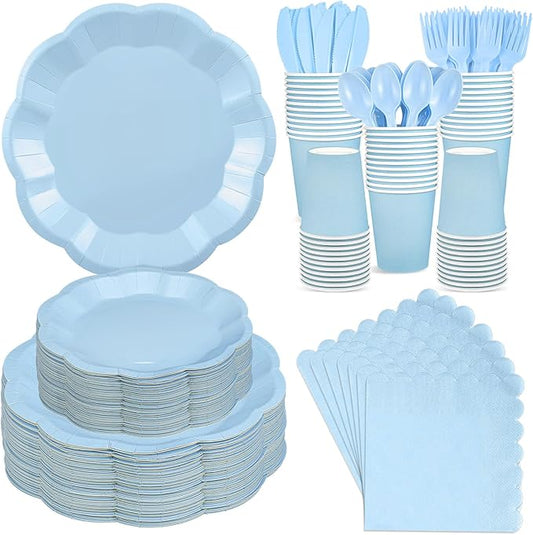 350 Pcs Light Blue Party Supplies Include Scalloped Plate Napkin Cup Forks Knives, Plastic Cutlery 50 Guest Disposable Party Tableware Set for Wedding Baby Shower Bridal Shower Birthday Parties