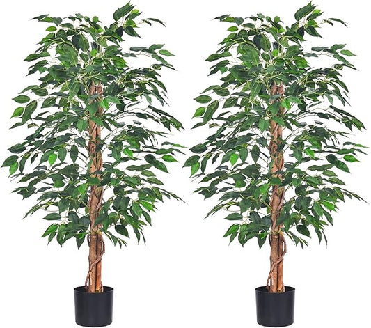 2Packs 4FT Artificial Ficus Tree, Fake Plants with Sturdy Plastic Nursery Pot,Faux Ficus Trees for Home Office Living Room Indoor Outdoor Decor Perfect Housewarming Gift (4FT-2Packs)