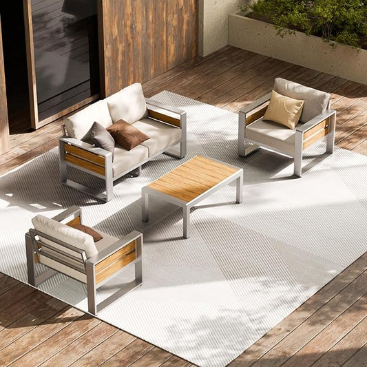 ZANDOR Outdoor Patio Conversation Sets, 4-Piece Aluminum Metal Outside Sectional Lawn Furniture with Coffee Table & Washable Thick Cushions,Seating Sofa for Garden/Backyard/Porch, Silver