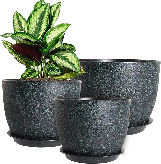 WOUSIWER Plant Pots 10/9/8 inch, Set of 3 Modern Decorative Plastic Planters with Drainage Holes and Saucers for House Plants Indoor Flowers Plants, Black with Green Speckles