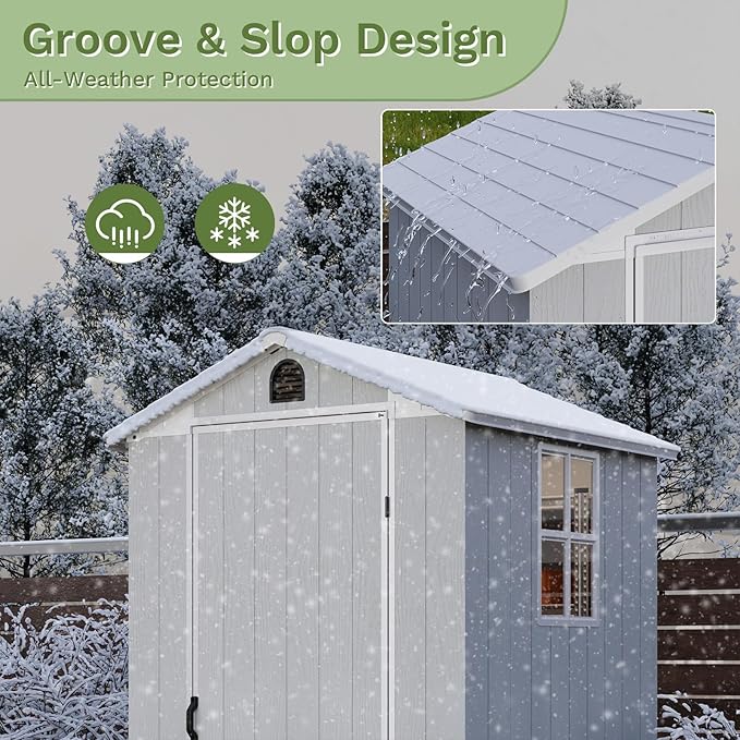 Patiowell 4' x 4' Outdoor Storage Shed with Floor, Plastic Shed Outside Resin Tool Shed with Window and Lockable Door for Backyard Garden Patio Lawn, Light Grey (Fit-it Shed)