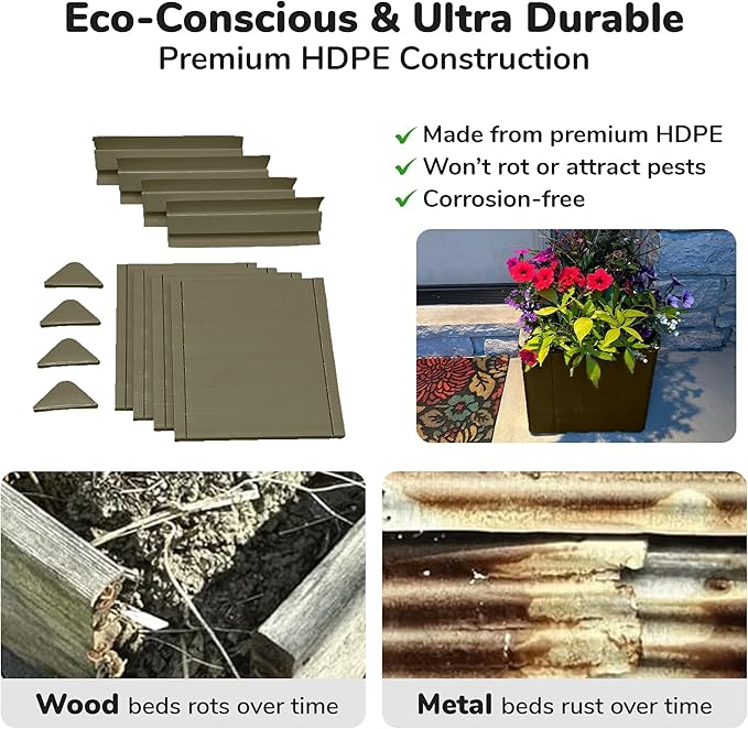 Raised Garden Bed - 1x1 ft Planter Box - Weathered Wood HDPE - No Tools Needed - DIY Kit for Urban Gardening, Flowers, Herbs & Vegetables - Made in The USA - 2 Pack