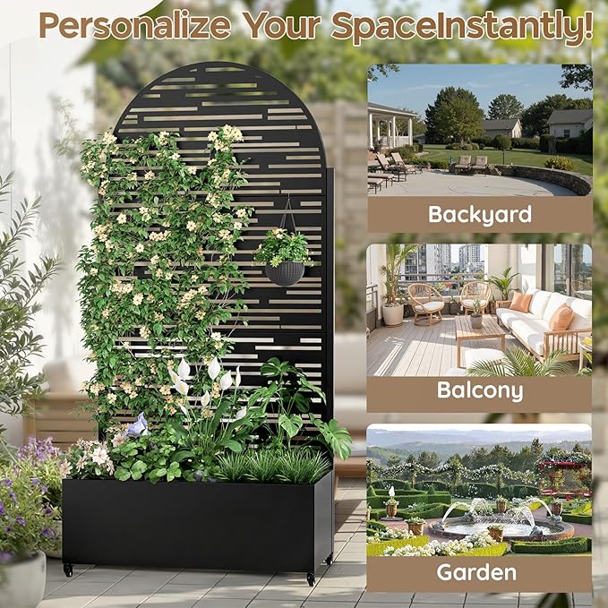 Metal Raised Garden Bed with Trellis & Wheels,70" x 35"x 15.7" Planter Box with Trellis,Privacy Planters for Patio,Garden Bed for Climbing Plants,Suitable for Climbing Plants and Vegetables,Black