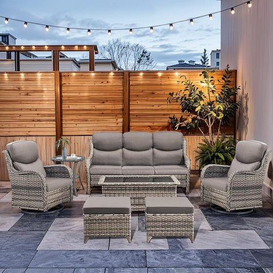 7-Piece Outdoor Wicker Patio Furniture Set with Swivel Glider Chairs, 3-Seat Sofa, Coffee Table & Ottomans 5” Olefin Cushions Ergonomic Neck-Lumbar Backrest All-Weather Rattan for Garden, Deck, Porch