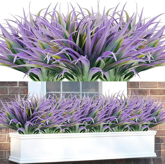 16Pcs Artificial Grass Fake Plants 17.3in Outdoor Plants UV Resistant Faux Greenery Stems Fake Grass for Home Window Garden Office Patio Pathway Front Porch Halloween Décor Green & Purple