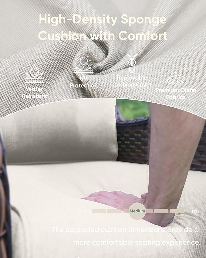 7-Piece Outdoor Wicker Patio Furniture Set with Swivel Glider Chairs, 3-Seat Sofa, Coffee Table & Ottomans 5” Olefin Cushions Ergonomic Neck-Lumbar Backrest All-Weather Rattan for Garden, Deck, Porch