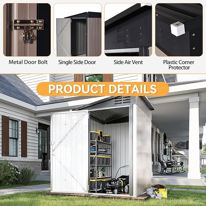 Aoxun 7x5 FT Lean to Shed Garden Metal Storage Shed with Lockable Doors Outdoor Bike Shed for Backyard, Patio, Poolside (Brown)