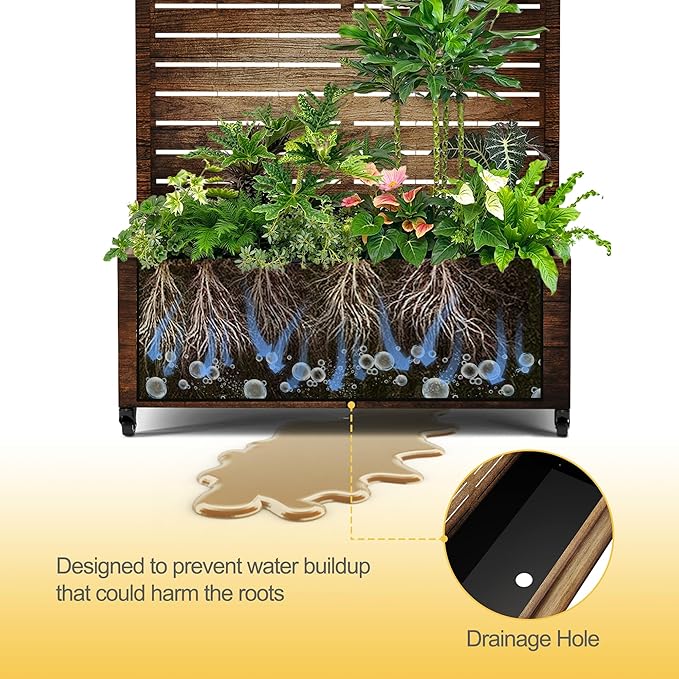 Raised Garden Bed with Trellis and Wheels,73"x35"x16" Metal Raised Garden Bed,Vintage Wood Finish Metal Planter with Climbing Trellis for Vines & Vegetables