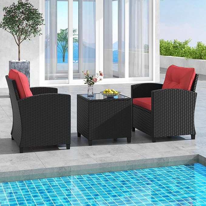 HAPPYGRILL 3 Pieces Wicker Patio Conversation Set, PE Rattan Bistro Sofa Set with Tempered Glass Coffee Table, Washable Cushions, Outdoor Furniture Set for Garden Poolside Balcony (Red)