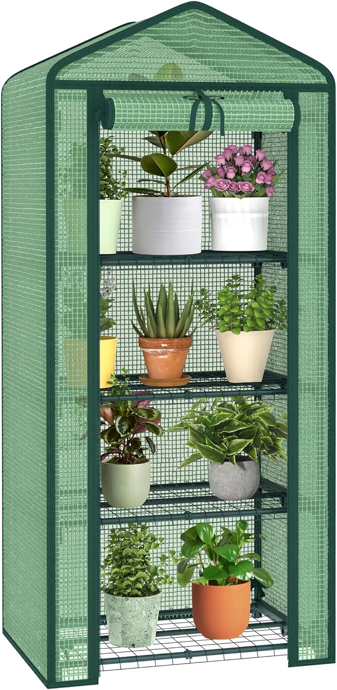 4-Tier Mini Greenhouse Indoor Outdoor with Shelves, Portable Small Green House for Plants with Durable PE Cover & Zipper Door for Seed Starting, Balcony, Patio Garden