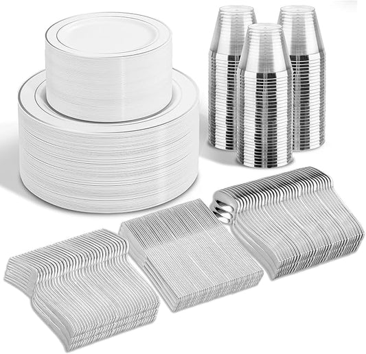 WELLIFE 600 Pcs Sliver Disposable Dinnerware for 100 Guests, Dinnerware Set of 100 Dinner Plates, 100 Salad Plates, 100 Spoons, 100 Forks, 100 Knives, 100 Cups