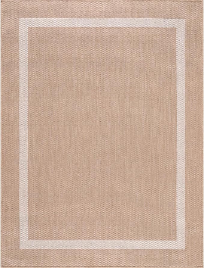 Bordered Outdoor Rug 10x14 Washable Outside Carpet for Indoor Patio Porch Waterproof Easy Cleaning Non Shedding Area Rugs Beige 10 x 14