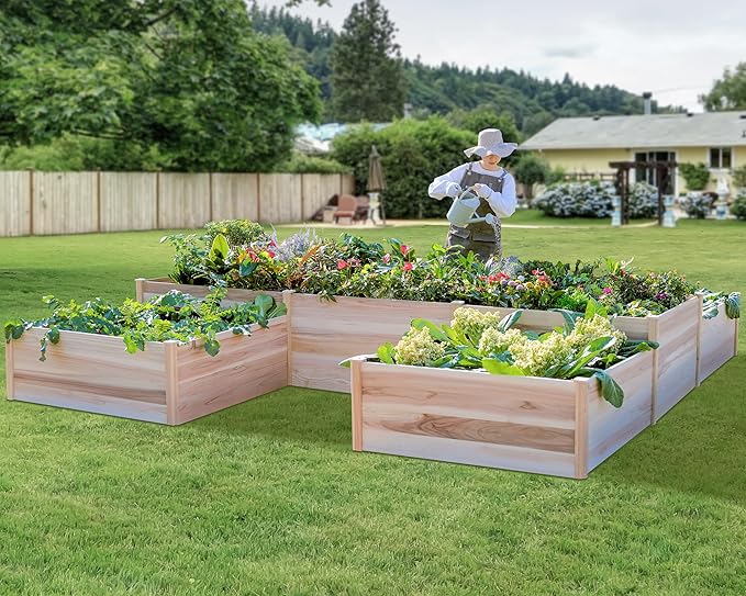 AMERLIFE Raised Garden Bed – 12x12x2 ft H-Shaped Wooden Planter Box, 180 Cu. Ft Capacity, Double-Layer Design for Outdoor Patio, Yard, and Garden Use