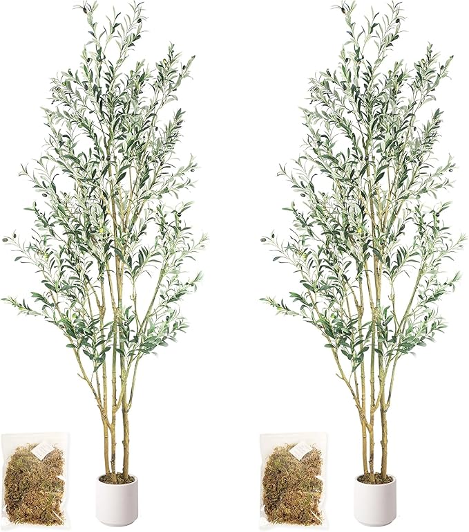 Artificial Fake Olive Tree 8FT Tall 2Pack with White Planter Faux Silk Olive Tree for Home Living Room Office Decor Faux Artificial Plants Indoor with Fruit & Free Moss