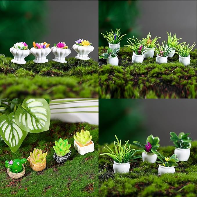 31 PCS Miniature Potted Plants, Vivid Mini Artificial Bonsai Plants, 1:12 Resin Tiny Dollhouse Flowerpot Decor, Realistic Fake Greenery Ornament, Cute Succulent Planter Models for DIY Crafts