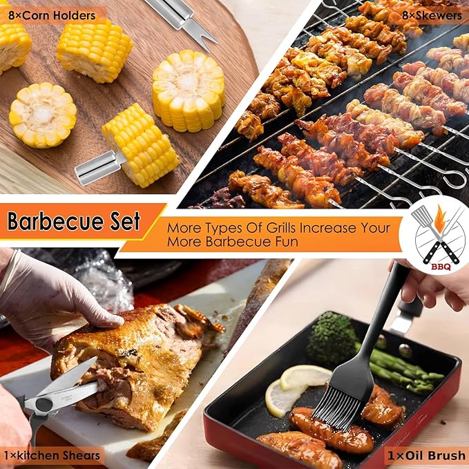Yoehka BBQ Grilling Accessories Set, 34Pcs Heavy Duty Grill Tools for Outdoor Camping, Grilling Gifts for Men Dad, Stainless Steel Barbecue Utensils Kit with Mats and Glove in Carrying Bag, Silver