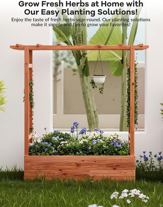 Outdoor Raised Garden Bed with Trellis & Roof - 45" H Planter Box with Side Supports, Canopy, and Drainage Holes – Perfect for Climbing Plants, Vines, and Blossoms