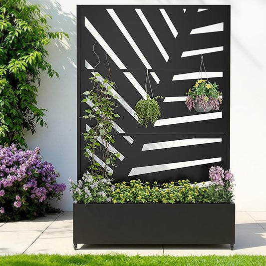 Metal Raised Garden Bed with Trellis & Wheels,70" x 47"x 15.7" Planter Box with Trellis,Privacy Planters for Patio,Garden Bed for Climbing Plants,Suitable for Climbing Plants and Vegetables,Black