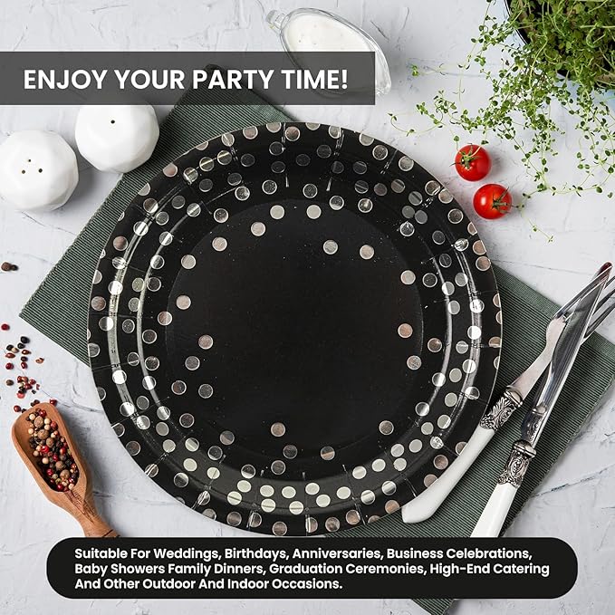75PCS Paper Plates and Napkins Set - Black and Sliver Dot Disposable Party Dinnerware Includes Paper Plates, Napkins, Forks Decorations for Graduations, Birthdays and Weddings, Serves 25