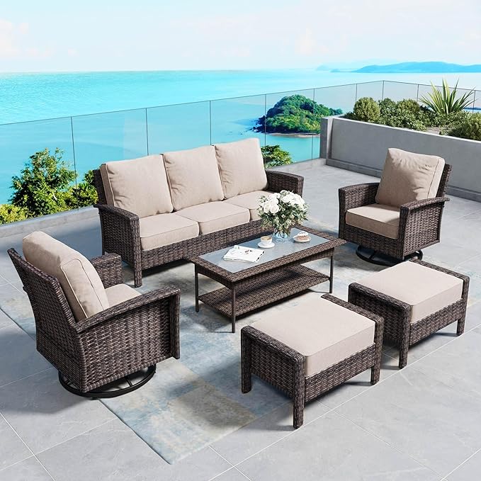 6 Piece Patio Furniture Set with Swivel Chairs, High Back Wicker Rattan Sofa with Extra Thick Cushion, Coffee Table and Ottoman, Outdoor Conversation Set for Backyard Deck,Beige