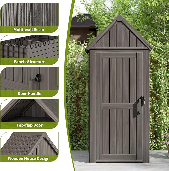Outdoor Storage Shed – Durable Resin with Sloping Roof and Lockable Door, Waterproof Storage Cabinet with Ample Space, Multiple Hooks for Backyard, Garden, Patio & Lawn Grey