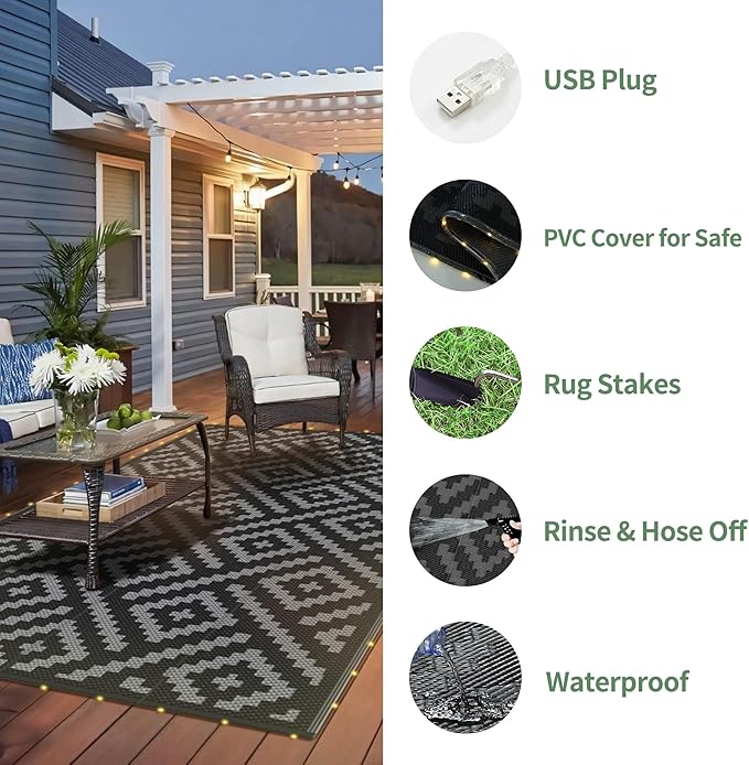 GENIMO Outdoor Rug with LED Strip Lights, 9'x12' Waterproof Camping Mat, Reversible Plastic Straw Rugs for Patio, RV, Camper, Balcony, Backyard, Picnic, Deck, Black & Gray