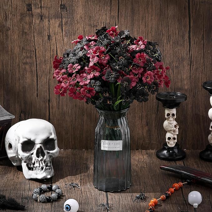 Lyrow 100 Bundles Violet Artificial Flowers, UV Resistant Faux Silk Flowers Outdoor, Fake Violet Bulk for Front Porch Hanging Garden Courtyard Farmhouse Home (Black and Red)