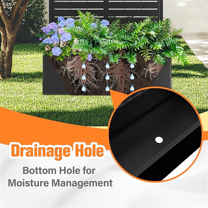 Metal Planter Box with Trellis, Raised Garder Bed with Drainage Hole, Privacy Screen & Trellis for Climbing Plants, Outdoor Plant Stands, 35''L×16''W×71''H, Black