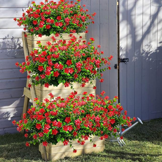 10 Bundles Artificial Fake Flowers, Faux Outdoor Plastic Plants UV Resistant Shrubs Outside Indoor Decorations (Red-Eucalyptus)