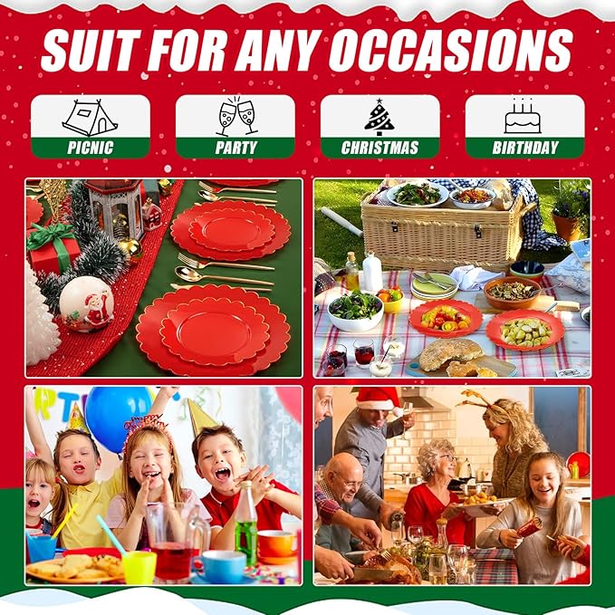 SUT 72Pcs Plastic Plates-7.5inch Red Dessert Plates with Gold Trim, Red Disposable Plates, Disposable Plates,Fancy Plastic Plates, Heavy Duty Plastic Plates for Wedding & Parties