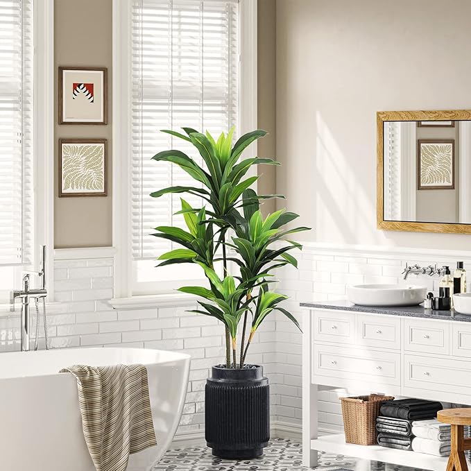 VIAGDO Dracaena Silk Plant Artificial 4ft Faux House Plants Evergreen Dracaena Marginata Fake Yucca Palm Trees in Pot Realistic Dragon Tree for Living Room Home Office Decor Indoor Outdoor