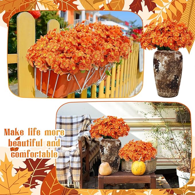 Lyrow 100 Bundles Violet Artificial Flowers, UV Resistant Faux Silk Flowers Outdoor, Fake Violet Bulk for Front Porch Hanging Garden Courtyard Farmhouse Home(Bright Orange)