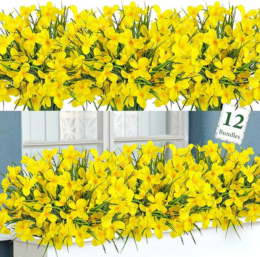 Ouddy Decor 12 Bundles Artificial Flowers for Outdoors Decoration, Fake Freesia Silk Flowers UV Resistant Artificial Plants for Summer Indoor Outside Garden Wedding Farmhouse Porch Home Decor, Yellow