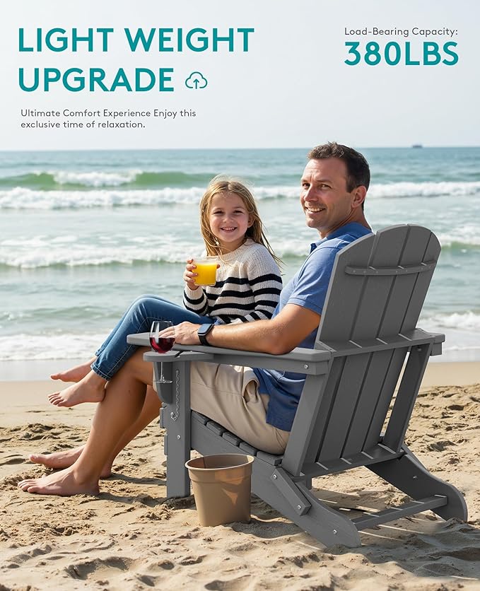 SERWALL Folding Adirondack Chair, Dual Cup Holders & All-Weather HDPE, Wood-Like Patio Chair for Backyard, Camping，Pool & Fire Pit- Grey