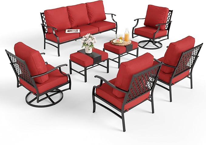 Patio Furniture Set 7 pcs, Outdoor Patio Furniture, 3-Seat Sofa, 2 Single Chairs, 2 Swivel Chairs, 2 Ottomans and 5.75" Extra Thick Cushion, Patio Conversation Set for Backyard Deck,Red