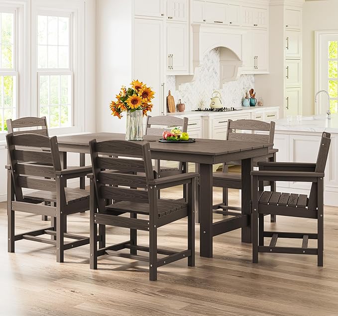 SERWALL 7-Piece Patio Dining Table Sets, Outdoor HDPE Dining Furniture Set with Umbrella Hole Cut-Out Table and 6 Chairs, All Weather Dining Set for Lawn, Garden, Backyard, Poolside, Coffee