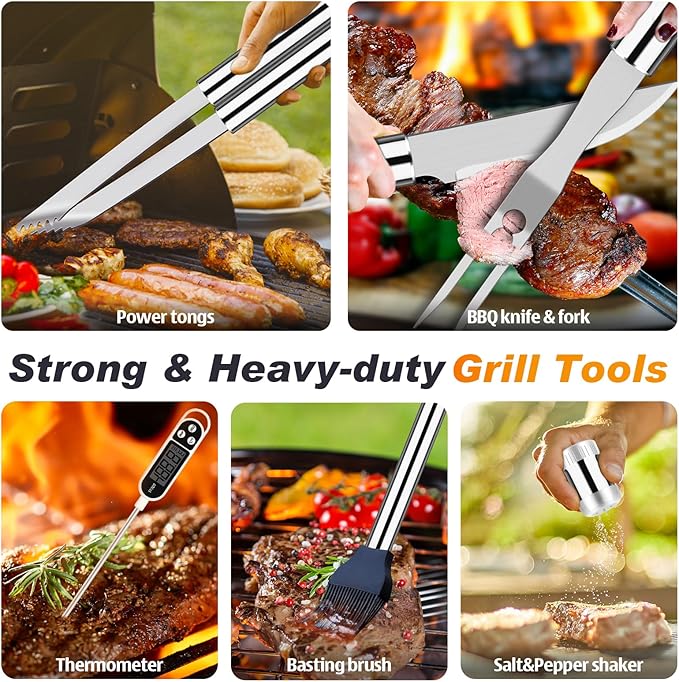 ROMANTICIST 26pcs Stainless Steel Grill Tool Set, Heavy Duty BBQ Grilling Accessories Gifts for Men Dad, Non-Slip Grill Utensils Kit with Apron, Thermometer, Mats in Aluminum Case for Christmas Silver