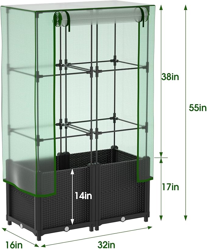 Onelike 32'' x 16'' x 55.5'' Plastic Raised Garden Bed with Greenhouse Cover and Trellis, Vertical Tomato Planters for Climbing Plants, Self Watering System Tomatoes Cage for Patio, Medium