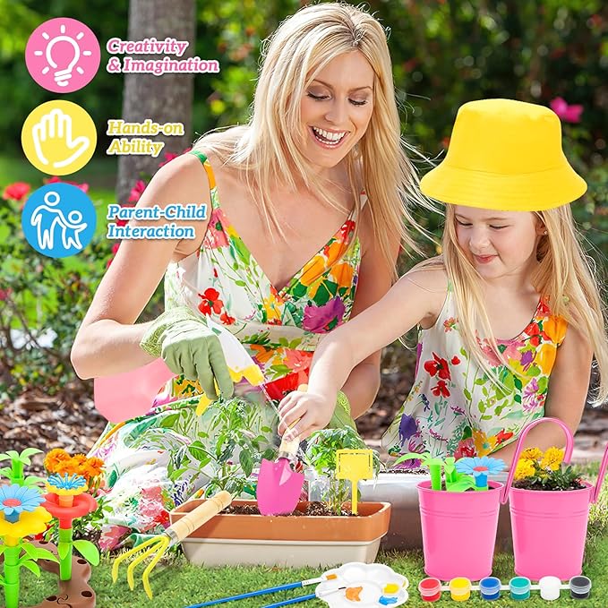deAO Kids Gardening Set Arts and Crafts for Kids Paint Garden Tools DIY Flower Building Toys with Shovel, Trowel, Rake, Water Can,Gloves,Tote Bag,Apron,Painting Accessories,Outdoor Gift for Boys Girls