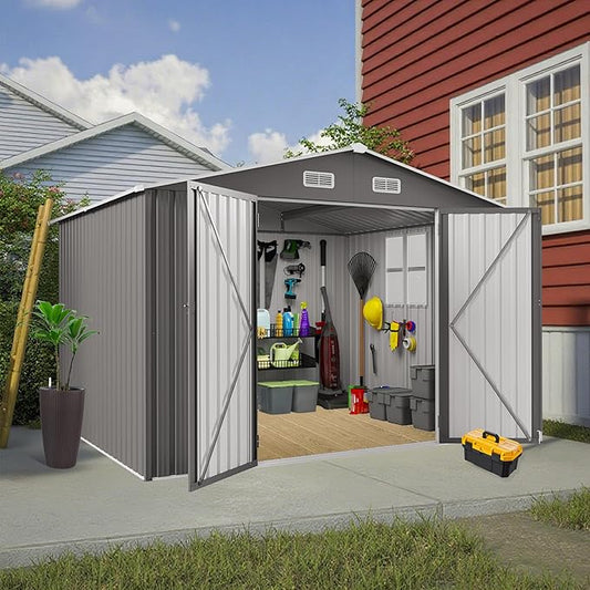 10x8 FT Outdoor Storage Shed with Window, Metal Sheds & Outdoor Storage with Lockable Door and 4 Vents, Outside Storage Shed Waterproof for Backyard, Garden, Patio, Gray
