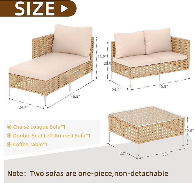 Wicker Small Patio Furinture Set, Rattan Sectional Sofa, Outdoor Couch Set with Comfy All-Weather Cushions and Coffee Table, Perfect for Porch, Backyard, Apartment, Balcony (Yellow/Beige)