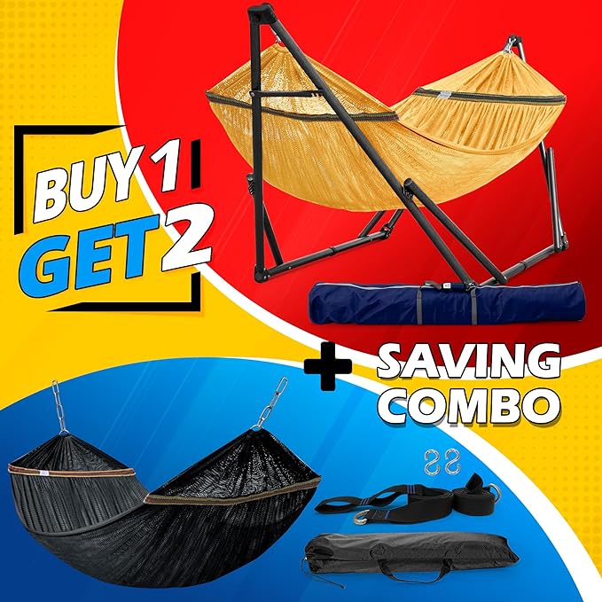 Tranquillo Universal Hammock with Stands Electro Static Coated Steel, Adjustable Foldable Hammock Stand with 2 Layered Polyester Net and Carry Bag for 2 Persons (Combo - Yellow)