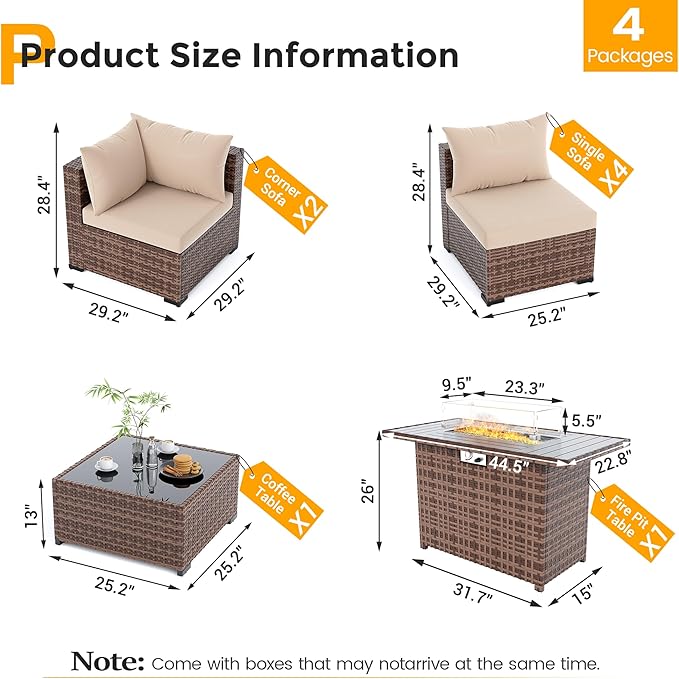 UDPATIO Outdoor Patio Furniture Set with Fire Pit Table, 8 Piece Outdoor Sectional Sofas, All-Weather Wicker Patio Conversation Set for Garden, Backyard Khaki