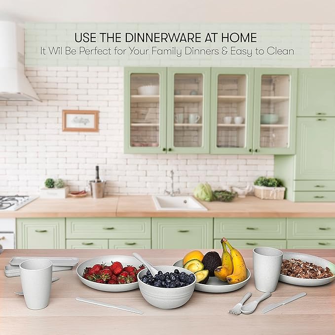 Wheat Straw Dinnerware Sets | Unbreakable Dinnerware Sets | Dishwasher Microwave Safe Dinnerware | Eco Friendly Non Breakable Dinnerware Sets | RV Outdoor Camping (Grey, Service for 4 (28 pcs))