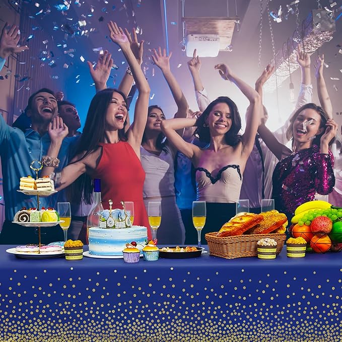 3 Pack Navy Blue and Gold Dot Tablecloth, Blue Plastic Table Cloths for Parties Disposable, 54x108in Waterproof Rectangular Camping Tablecloth for Birthday Party Graduation Picnic Baby Shower