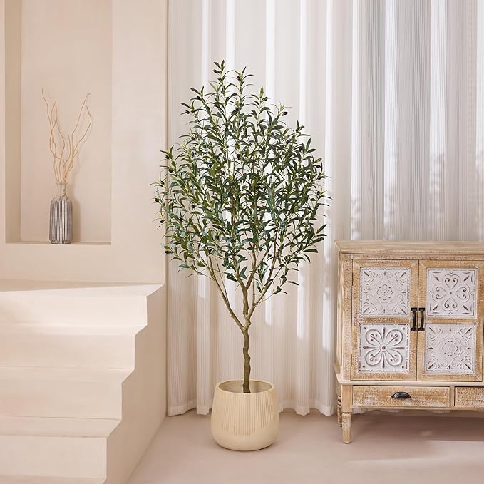 Olive Tree Artificial – 6ft Faux Olive Tree with UV Resistant Leaves - Tall Fake Plant in Pot, Large Floor Plants for Indoor & Outdoor, Living Room, Office, Modern Home Decor, VN126