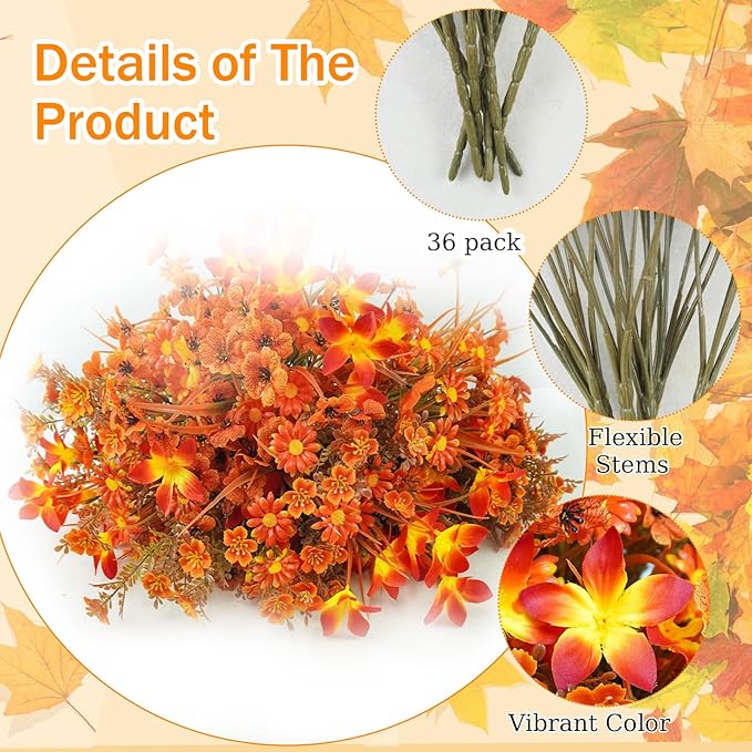36 Bundles Outdoor Artificial Fall Flowers UV Resistant Plastic Faux Flowers Fake Fall Plants Shrubs Fall Decoration for Autumn Garden Patio Wedding Kitchen Farmhouse Decor