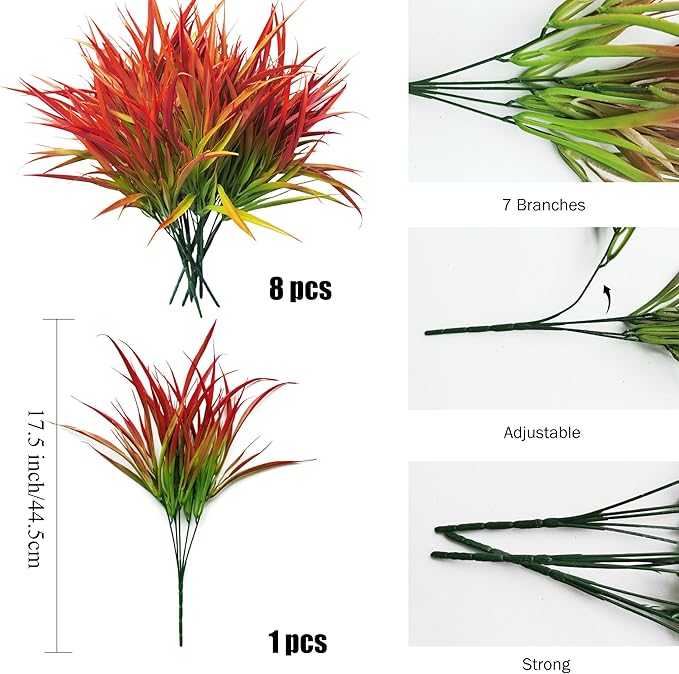 Outdoor Artificial Plants 8 Bundles Fake Plants Grass UV Resistant Fake Flowers Bush Greenery,17Inch Tall Faux Grass Shrubs for Home Porch Pathway Garden Décor Outside Indoor (red)