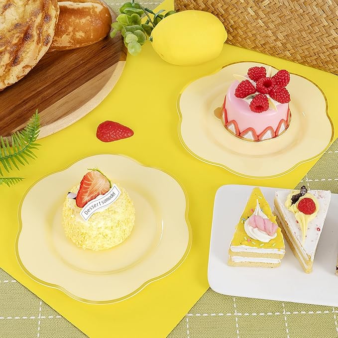 Liacere 50PCS Yellow Plastic Plates - Heavy Duty Disposable -Yellow and Gold Include 25PCS 7inch and 25PCS 10inch Plates for Mother's Day & Baby Shower