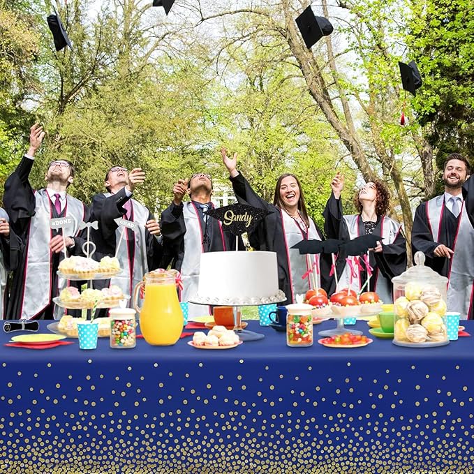 2 Pack Navy Blue and Gold Dot Tablecloth, Blue Plastic Table Cloths for Parties Disposable, 54x108in Waterproof Rectangular Camping Tablecloth for Birthday Party Graduation Picnic Baby Shower